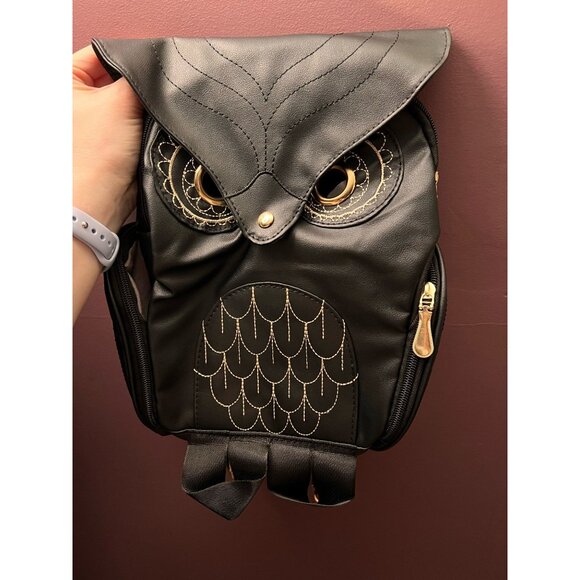 Owl Shaped Black Backpack Purse Gold Embroidery and Zippered Pockets - Picture 2 of 8